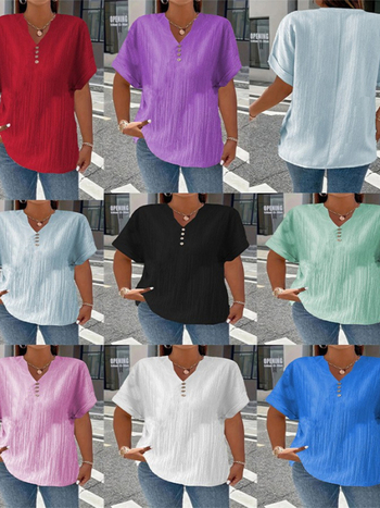 2025. aasta kevad- ja suve Euroopa ja Ameerika piiriülene Amazoni sõltumatu jaama uus naiste moodne vabaaja puhasvärviline nööpidega V-kaelusega T-särk naistele