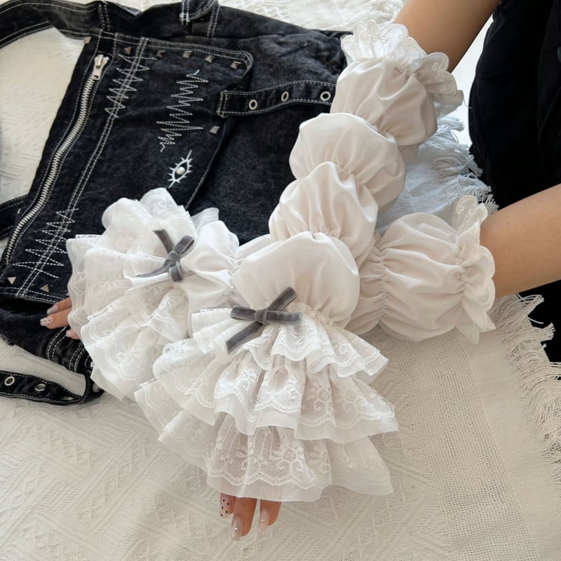Pavasara un vasaras Lolita Lolita slāņveida krokota mala sieviešu JK saldi balta mežģīņu mežģīņu piedurkne sievietēm
