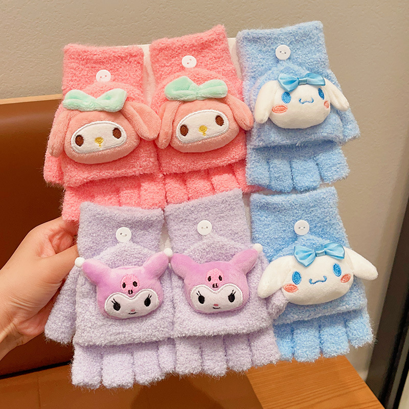 Laste Sanrio kindad talveks väikesele tüdrukule paksendatud soojad klapiga kirjutamise viie sõrmega kate armas koomiks pool sõrme kate