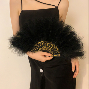 Superhaldjast uus hiina stiilis sulgedest lehvik, kullatud templiga cheongsami kokkupandav lehvik, kaasaskantav ventilaator, must hiina stiilis retro lolita foto