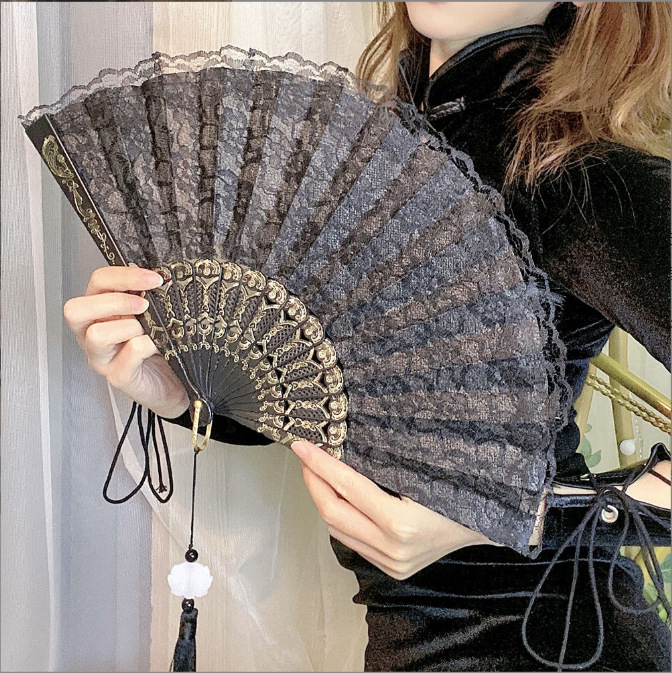 Superhaldjast uus hiina stiilis sulgedest lehvik, kullatud templiga cheongsami kokkupandav lehvik, kaasaskantav ventilaator, must hiina stiilis retro lolita foto