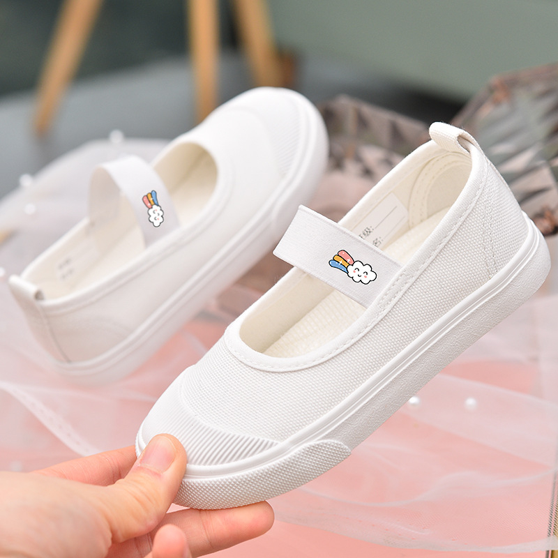 Laste lõuendikingad, tüdrukute valged kingad, lasteaia valged pehme tallaga lastekingad, tüdrukute riidest kingad, ülikoolilinnaku sisejalatsid