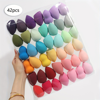 Gradiento grožio makiažo kempinėlių rinkinys, 42 dalys, vandens lašo formos, kampuotas pjūvis, nesugeriantis pudros kempinėlės apvalkalo, pilnai anglų kalba, populiarus tarptautinis pasirinkimas