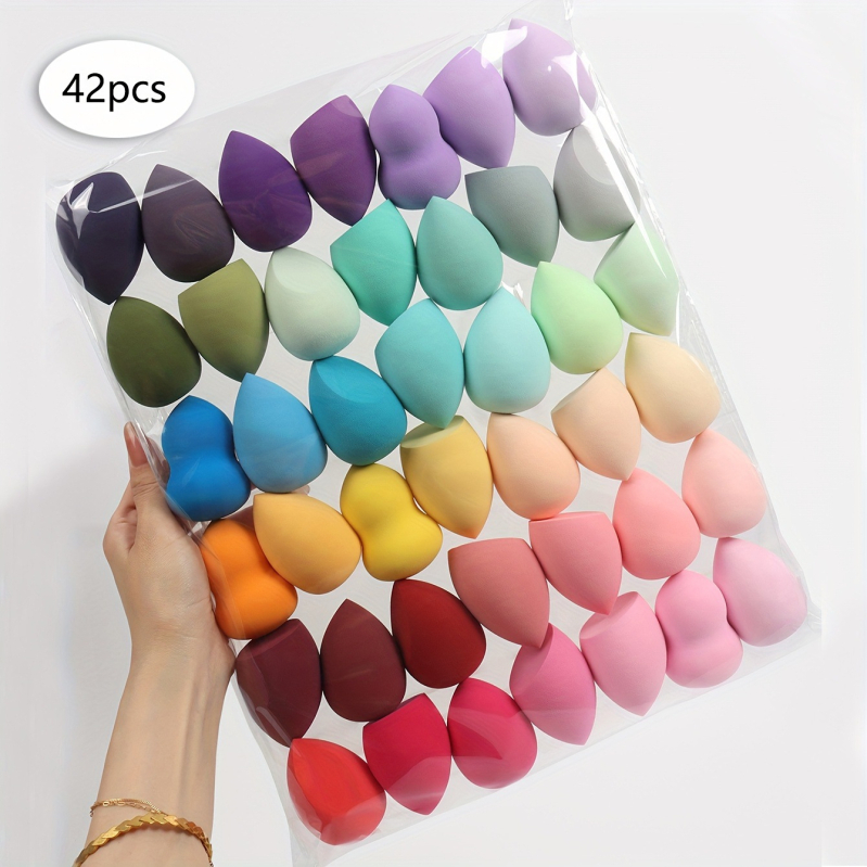 Gradiento grožio makiažo kempinėlių rinkinys, 42 dalys, vandens lašo formos, kampuotas pjūvis, nesugeriantis pudros kempinėlės apvalkalo, pilnai anglų kalba, populiarus tarptautinis pasirinkimas