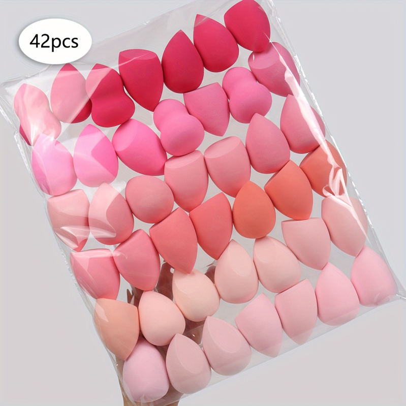 Gradiento grožio makiažo kempinėlių rinkinys, 42 dalys, vandens lašo formos, kampuotas pjūvis, nesugeriantis pudros kempinėlės apvalkalo, pilnai anglų kalba, populiarus tarptautinis pasirinkimas