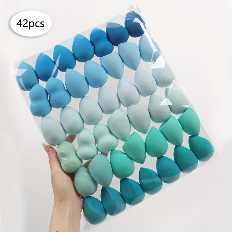 Gradiento grožio makiažo kempinėlių rinkinys, 42 dalys, vandens lašo formos, kampuotas pjūvis, nesugeriantis pudros kempinėlės apvalkalo, pilnai anglų kalba, populiarus tarptautinis pasirinkimas