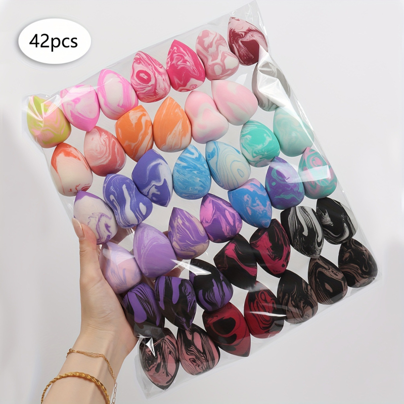 Gradiento grožio makiažo kempinėlių rinkinys, 42 dalys, vandens lašo formos, kampuotas pjūvis, nesugeriantis pudros kempinėlės apvalkalo, pilnai anglų kalba, populiarus tarptautinis pasirinkimas