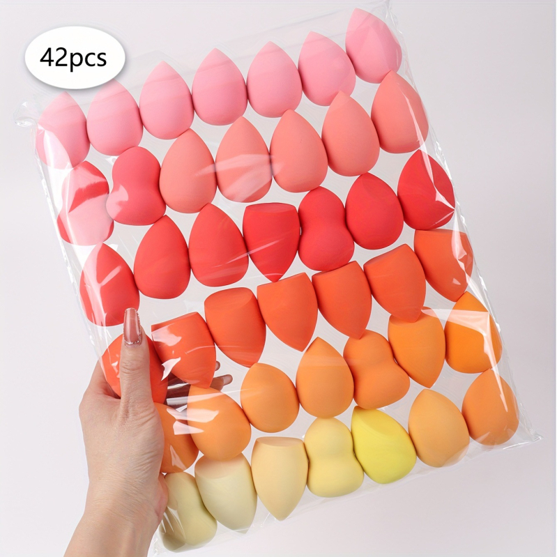 Gradiento grožio makiažo kempinėlių rinkinys, 42 dalys, vandens lašo formos, kampuotas pjūvis, nesugeriantis pudros kempinėlės apvalkalo, pilnai anglų kalba, populiarus tarptautinis pasirinkimas