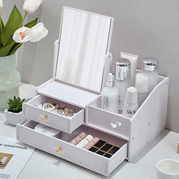 Kosmeetikatoodete hoiukarp, tolmukindel, suure mahutavusega lauaarvuti sahtliga meigikarp, nahahooldustoodete hoiuriiul peegliga