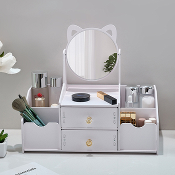 Kosmeetikatoodete hoiukarp, tolmukindel, suure mahutavusega lauaarvuti sahtliga meigikarp, nahahooldustoodete hoiuriiul peegliga