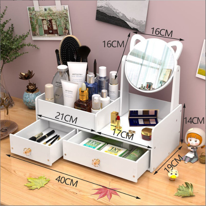 Kosmeetikatoodete hoiukarp, tolmukindel, suure mahutavusega lauaarvuti sahtliga meigikarp, nahahooldustoodete hoiuriiul peegliga