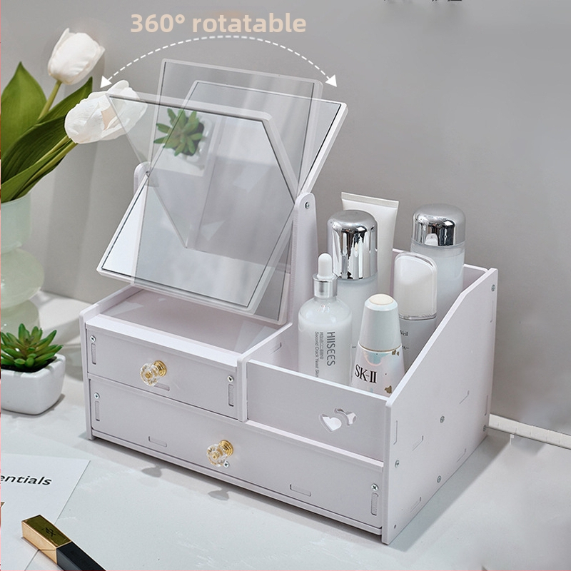 Kosmeetikatoodete hoiukarp, tolmukindel, suure mahutavusega lauaarvuti sahtliga meigikarp, nahahooldustoodete hoiuriiul peegliga