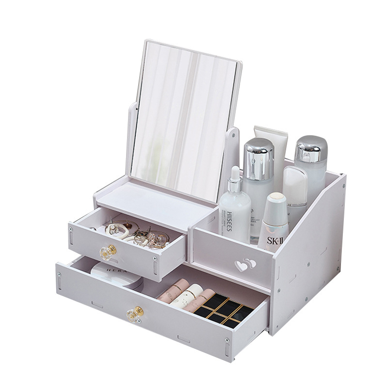 Kosmeetikatoodete hoiukarp, tolmukindel, suure mahutavusega lauaarvuti sahtliga meigikarp, nahahooldustoodete hoiuriiul peegliga