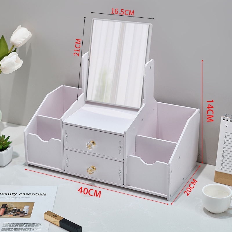 Kosmeetikatoodete hoiukarp, tolmukindel, suure mahutavusega lauaarvuti sahtliga meigikarp, nahahooldustoodete hoiuriiul peegliga