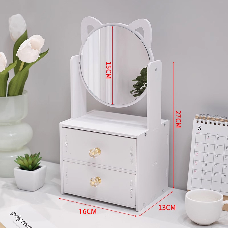 Kosmeetikatoodete hoiukarp, tolmukindel, suure mahutavusega lauaarvuti sahtliga meigikarp, nahahooldustoodete hoiuriiul peegliga