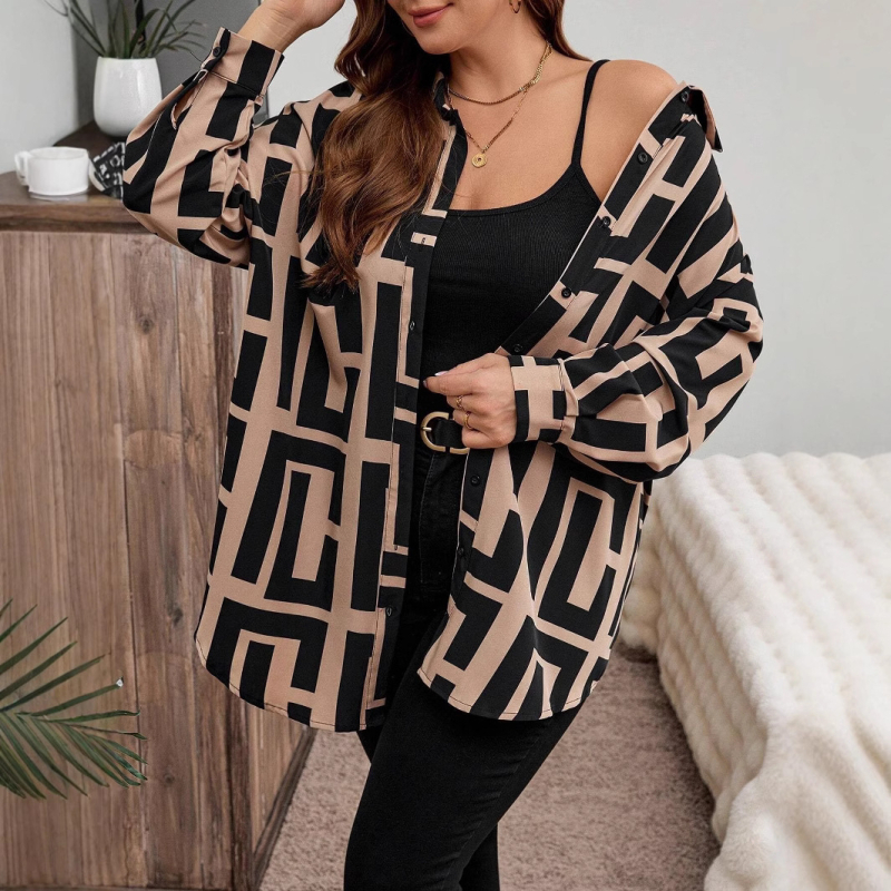 Ameerika piiriülene 2024. aasta kevadine uus vabaaja moesuund geomeetrilise mustriga naiste pikkade varrukatega särk WG18