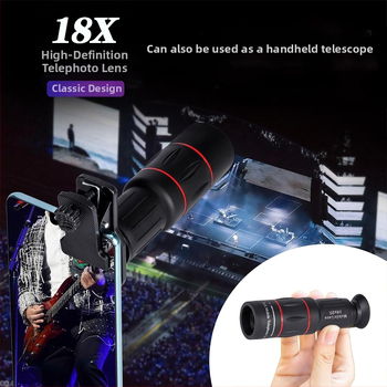 Tootja varustab mobiiltelefoni teleobjektiivi 18X monokulaarset universaalset teleobjektiivi kontsertidele, kaasaskantavat teleskoopi fotograafiaks