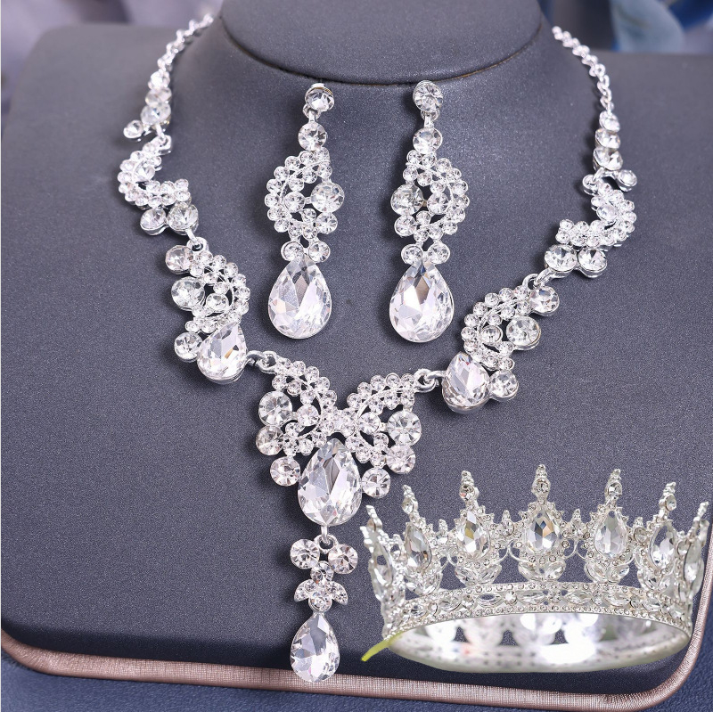 Euroopa ja Ameerika pruudi tiaara kroonloori ülikond Luksuslikud pulmaehted Tipptasemel kaelakee kõrvarõngad Rhinestone aksessuaarid