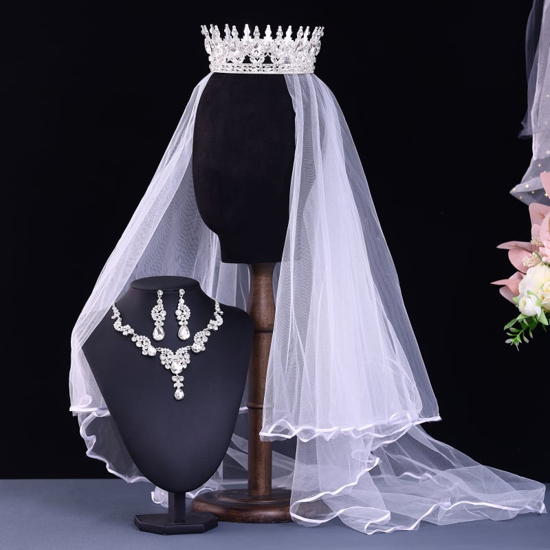 Europska i američka mladenka Tiara Crown Veo odijelo Luksuzni vjenčani nakit High-end ogrlica naušnice rhinestone dodaci