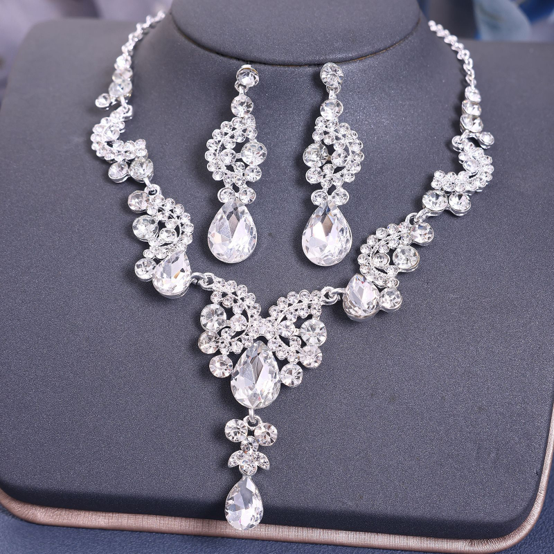 Euroopa ja Ameerika pruudi tiaara kroonloori ülikond Luksuslikud pulmaehted Tipptasemel kaelakee kõrvarõngad Rhinestone aksessuaarid