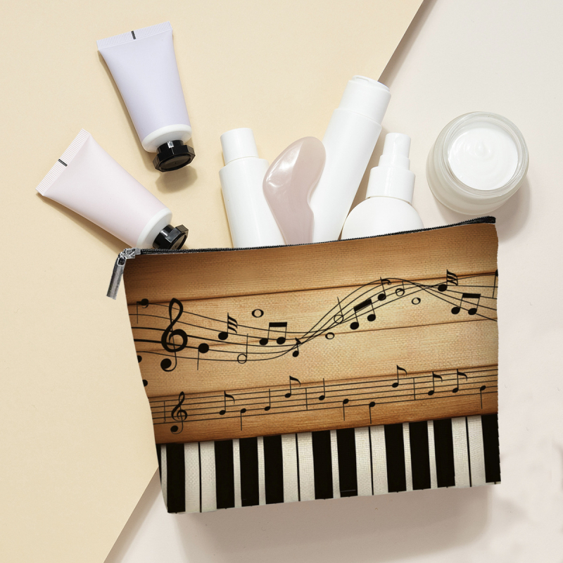 Slaugytojos tematikos stilingas fortepijono klavišų ir natų kosmetinis krepšys, lengvas ir patvarus poliesterio daiktų laikymo krepšys su užtrauktuku, muzikantas