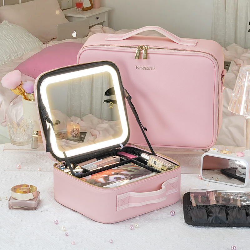 Geantă cosmetică cu oglindă și lumină, capacitate mare, produse de îngrijire a pielii, cutie de depozitare cosmetică, geantă portabilă de depozitare cosmetică