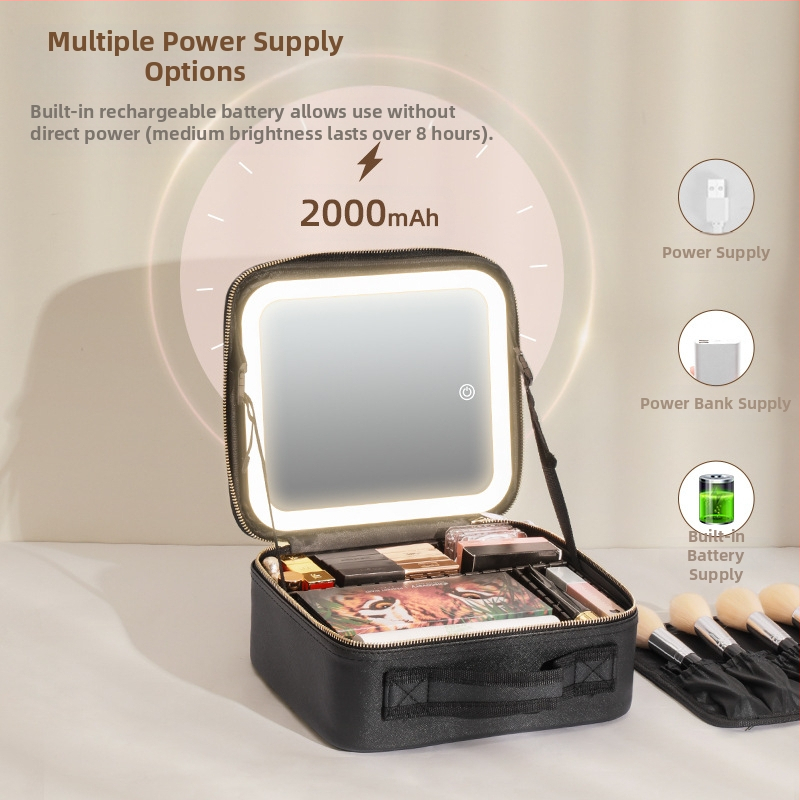 Козметична чанта с огледало и светлина Кутия за съхранение на козметика с голям капацитет, преносима чанта за съхранение на козметика