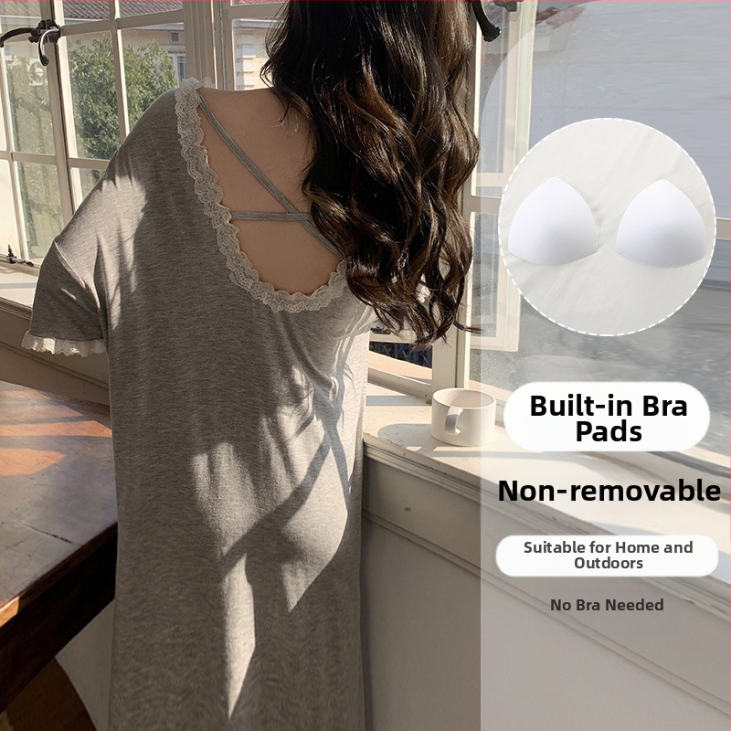 Naiste suvine modaalne jääsiidist seljata lühikeste varrukatega öösärk rinnapatjadega, seksikas ja kantav lahtine koduriietus