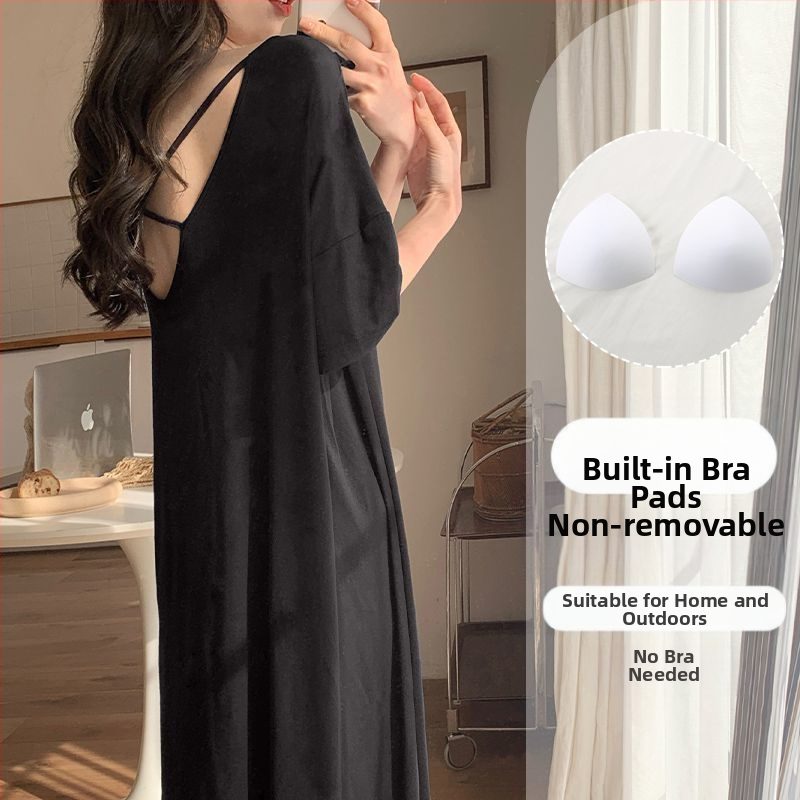 Naiste suvine modaalne jääsiidist seljata lühikeste varrukatega öösärk rinnapatjadega, seksikas ja kantav lahtine koduriietus