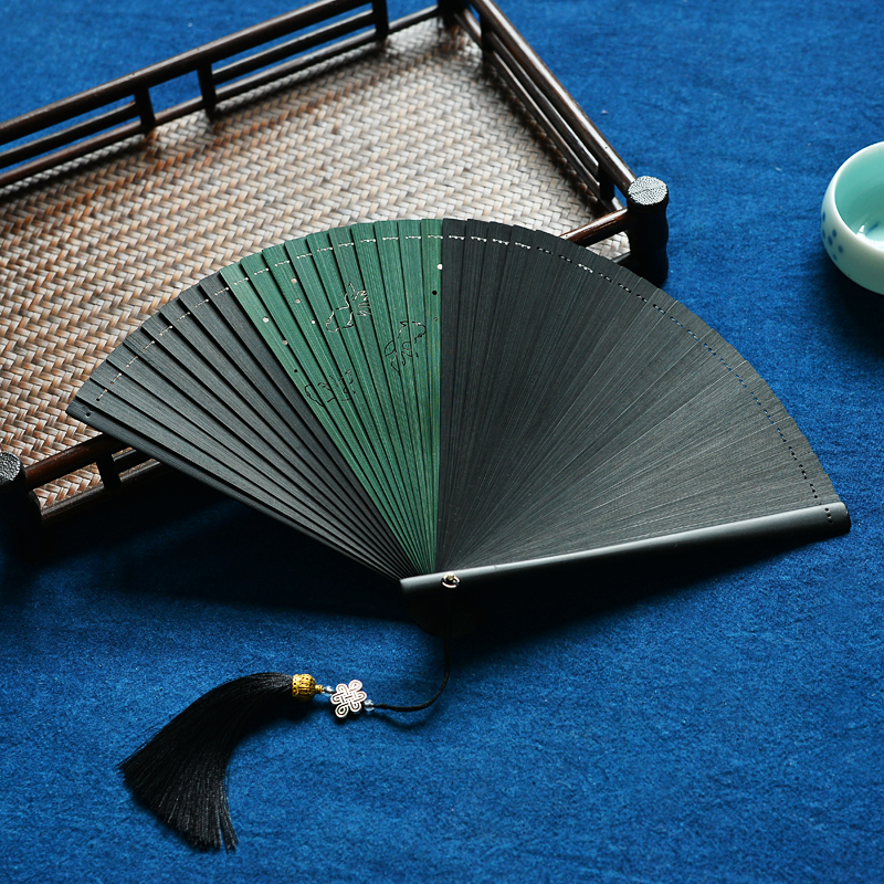 Jaapani stiilis Hiina täisbambusest kokkupandav õõnes lehvik, antiikstiilis, unisex kokkupandav lehvik, käsitöö, väike 5-tolline tantsulevik, must