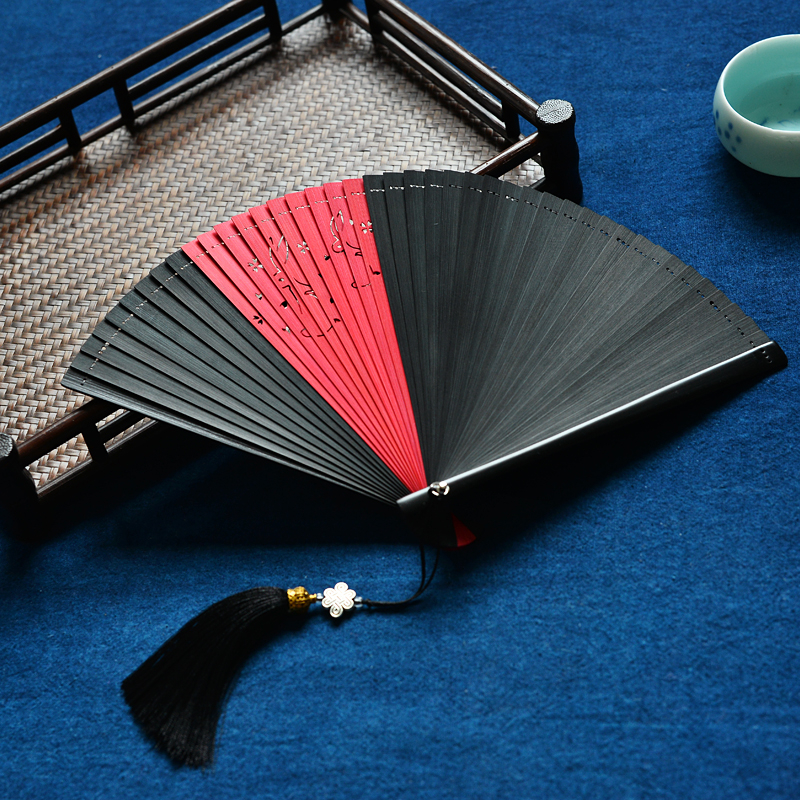 Jaapani stiilis Hiina täisbambusest kokkupandav õõnes lehvik, antiikstiilis, unisex kokkupandav lehvik, käsitöö, väike 5-tolline tantsulevik, must