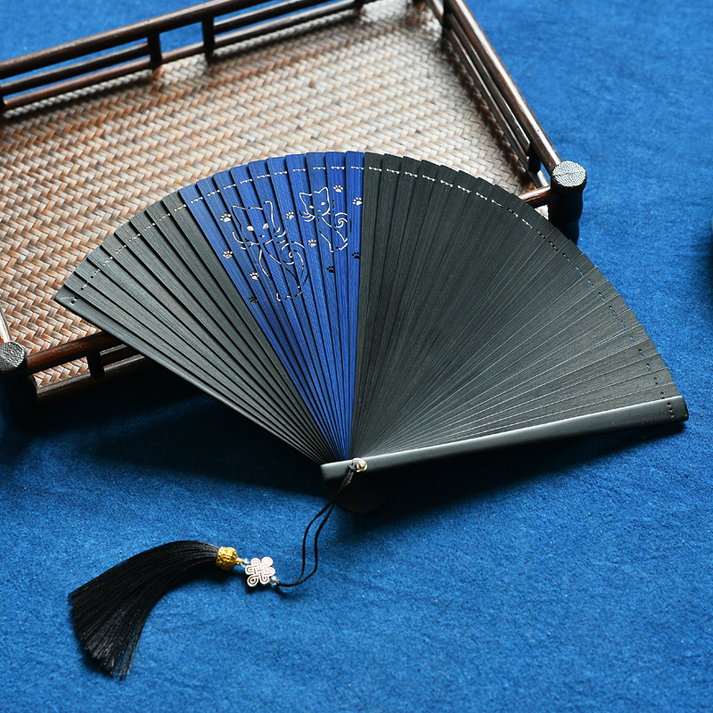 Jaapani stiilis Hiina täisbambusest kokkupandav õõnes lehvik, antiikstiilis, unisex kokkupandav lehvik, käsitöö, väike 5-tolline tantsulevik, must