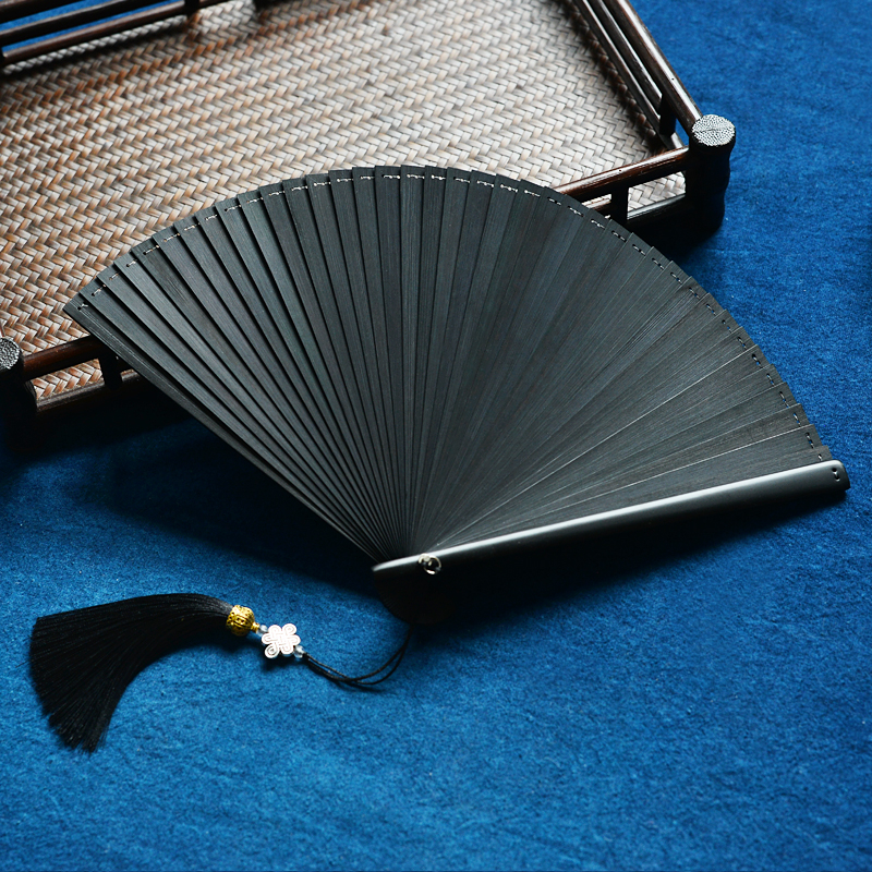Jaapani stiilis Hiina täisbambusest kokkupandav õõnes lehvik, antiikstiilis, unisex kokkupandav lehvik, käsitöö, väike 5-tolline tantsulevik, must