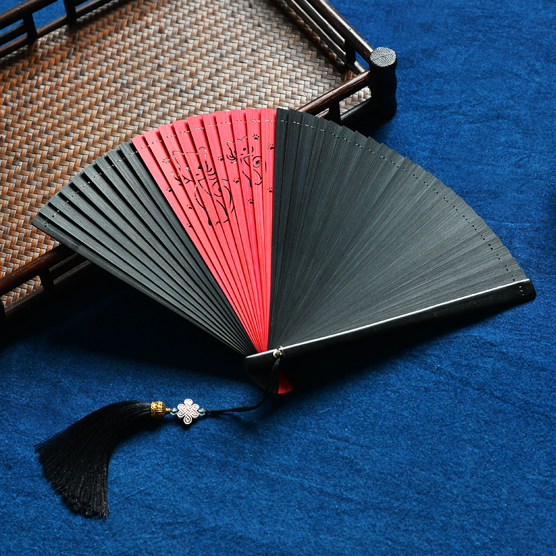 Jaapani stiilis Hiina täisbambusest kokkupandav õõnes lehvik, antiikstiilis, unisex kokkupandav lehvik, käsitöö, väike 5-tolline tantsulevik, must