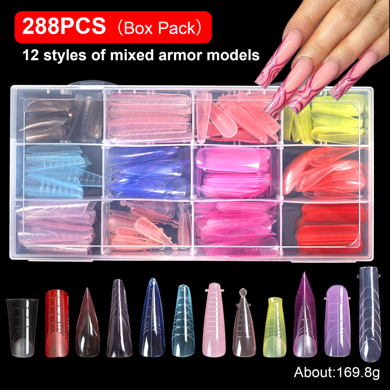 Piiriülesed uued küünekunsti küünevormid, segatud 12 stiiliga, paberivabad kätepikendused, kristallküünetükid, läbipaistev küünekile, 288 tk