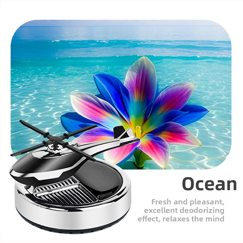 Päikeseenergial töötav pöörlev helikopteri autokaunistus loominguline aroomiteraapia armatuurlaud piiriülene meeste autotarvikute lõhnahoidja