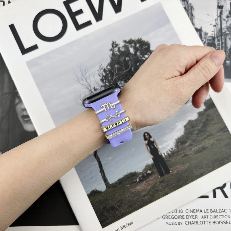Divpadsmit zodiaka zīmju dekoratīvs nagu komplekts, kas piemērots Apple Watch silikona siksniņai, rhinestone aksesuāriem, zodiaka kulonam