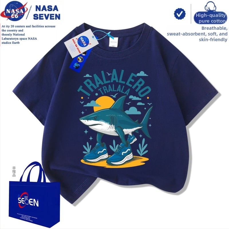 Детски къс ръкав Nasa Shanhaijing, обувки Tungtungsahur Shark, тениска от чист памук, размер M и L, модерни детски топове