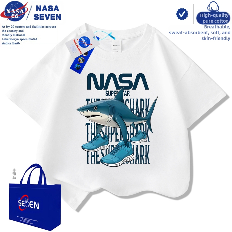 Детски къс ръкав Nasa Shanhaijing, обувки Tungtungsahur Shark, тениска от чист памук, размер M и L, модерни детски топове