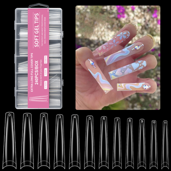 Piiriülene maniküür, ekstra pikad veepiibu küünelapid, võltsküünelapid, 240 tk, karbis, läbipaistev, prantsuse XXXL teksariie