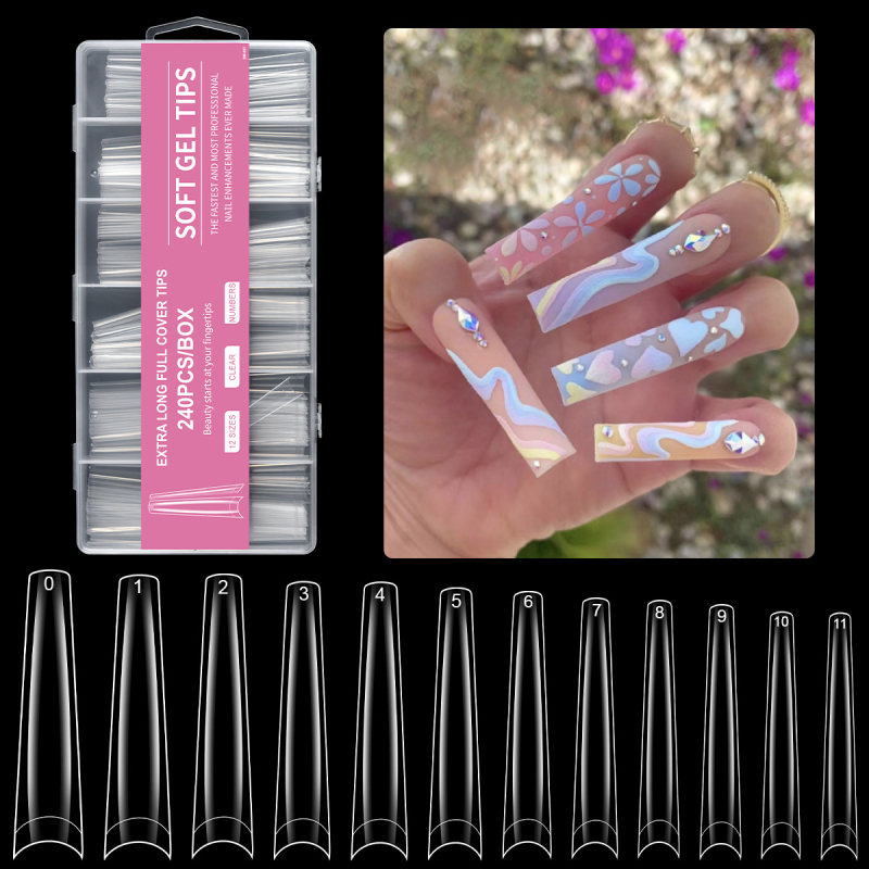 Piiriülene maniküür, ekstra pikad veepiibu küünelapid, võltsküünelapid, 240 tk, karbis, läbipaistev, prantsuse XXXL teksariie