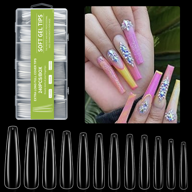 Piiriülene maniküür, ekstra pikad veepiibu küünelapid, võltsküünelapid, 240 tk, karbis, läbipaistev, prantsuse XXXL teksariie