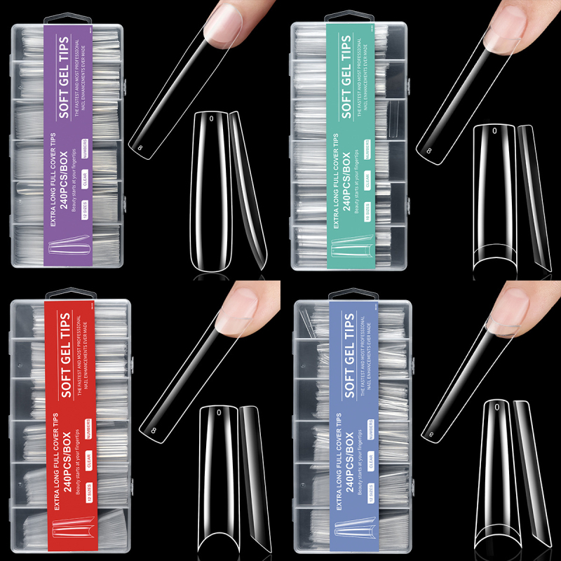 Piiriülene maniküür, ekstra pikad veepiibu küünelapid, võltsküünelapid, 240 tk, karbis, läbipaistev, prantsuse XXXL teksariie