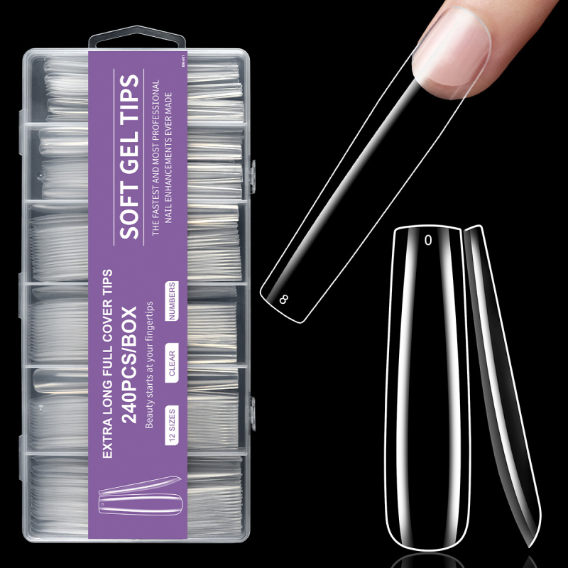 Piiriülene maniküür, ekstra pikad veepiibu küünelapid, võltsküünelapid, 240 tk, karbis, läbipaistev, prantsuse XXXL teksariie