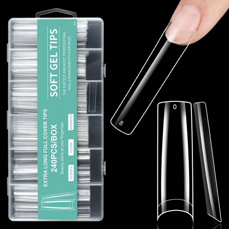 Piiriülene maniküür, ekstra pikad veepiibu küünelapid, võltsküünelapid, 240 tk, karbis, läbipaistev, prantsuse XXXL teksariie