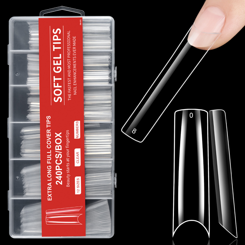 Piiriülene maniküür, ekstra pikad veepiibu küünelapid, võltsküünelapid, 240 tk, karbis, läbipaistev, prantsuse XXXL teksariie