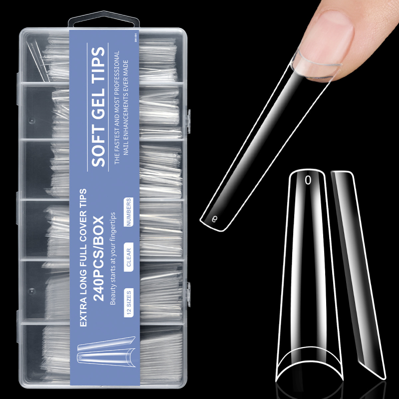 Piiriülene maniküür, ekstra pikad veepiibu küünelapid, võltsküünelapid, 240 tk, karbis, läbipaistev, prantsuse XXXL teksariie