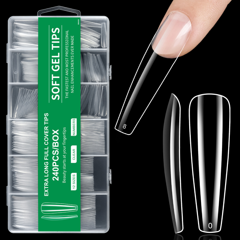 Piiriülene maniküür, ekstra pikad veepiibu küünelapid, võltsküünelapid, 240 tk, karbis, läbipaistev, prantsuse XXXL teksariie