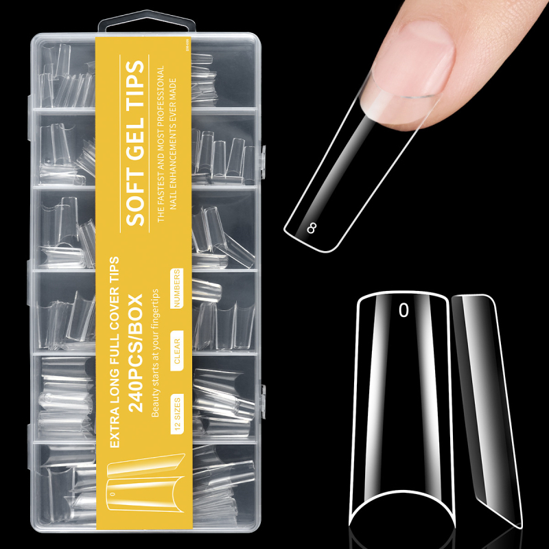 Piiriülene maniküür, ekstra pikad veepiibu küünelapid, võltsküünelapid, 240 tk, karbis, läbipaistev, prantsuse XXXL teksariie