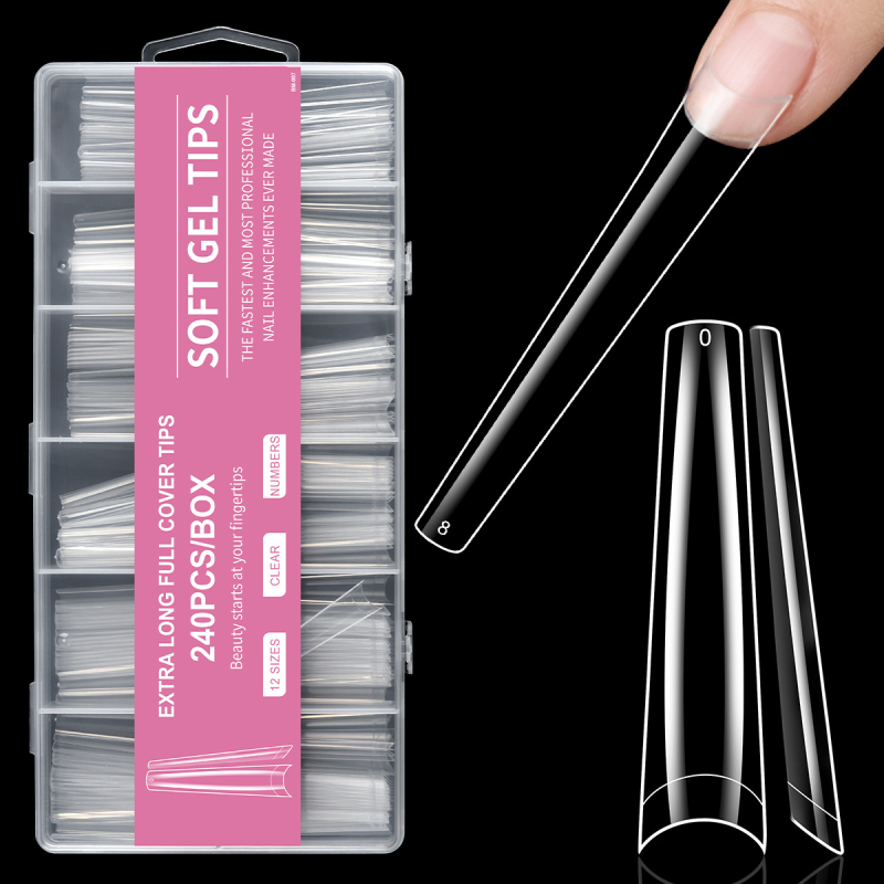 Piiriülene maniküür, ekstra pikad veepiibu küünelapid, võltsküünelapid, 240 tk, karbis, läbipaistev, prantsuse XXXL teksariie